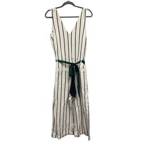 Madewell striped pull-on V-neck linen-blend jumpsuit in ivory/navy with a green